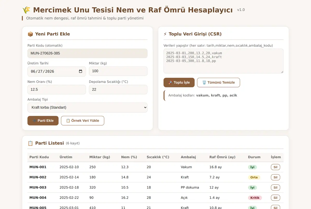 Mercimek Unu Tesisi Nem ve Raf Ömrü Hesaplayıcı ekran görüntüsü 2