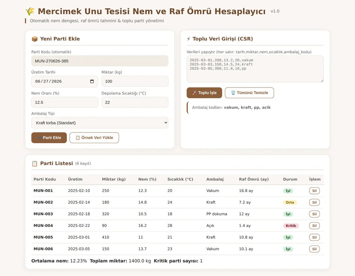 Mercimek Unu Tesisi Nem ve Raf Ömrü Hesaplayıcı ekran görüntüsü 3