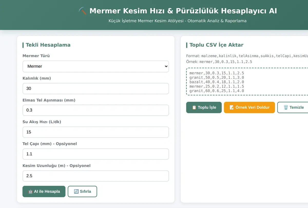 Mermer Kesim Hızı & Pürüzlülük Hesaplayıcı AI ekran görüntüsü