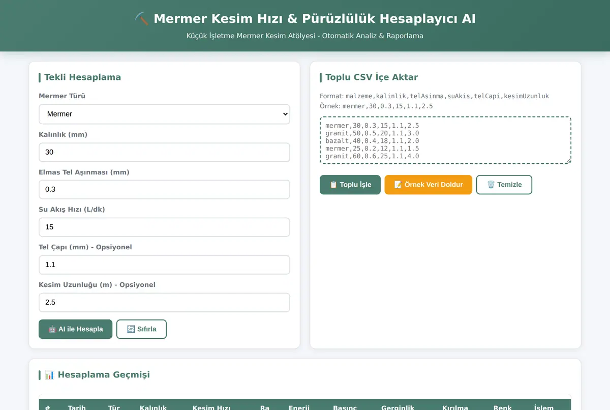 Mermer Kesim Hızı & Pürüzlülük Hesaplayıcı AI ekran görüntüsü 2