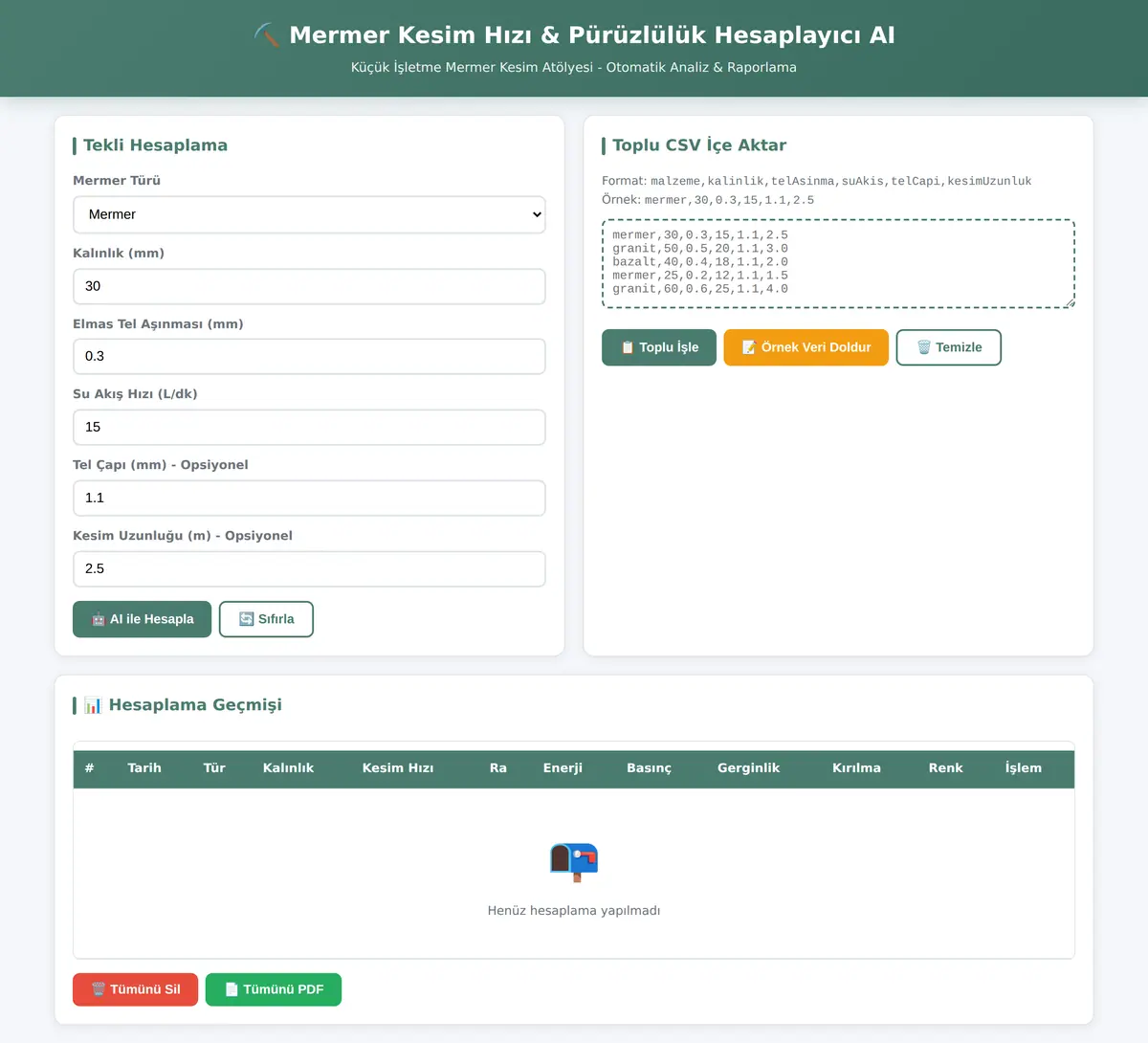 Mermer Kesim Hızı & Pürüzlülük Hesaplayıcı AI ekran görüntüsü 3
