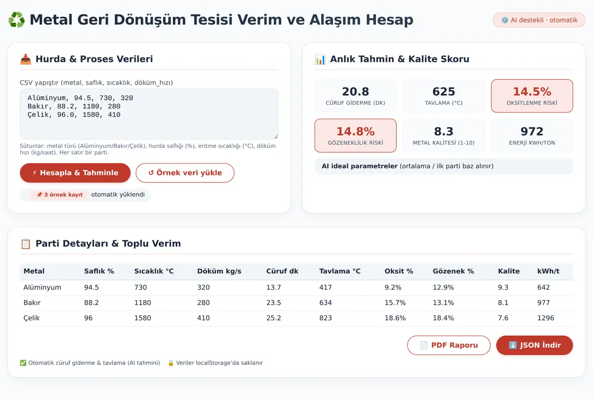 Metal Geri Dönüşüm Tesisi · Verim & Alaşım Hesap ekran görüntüsü 3