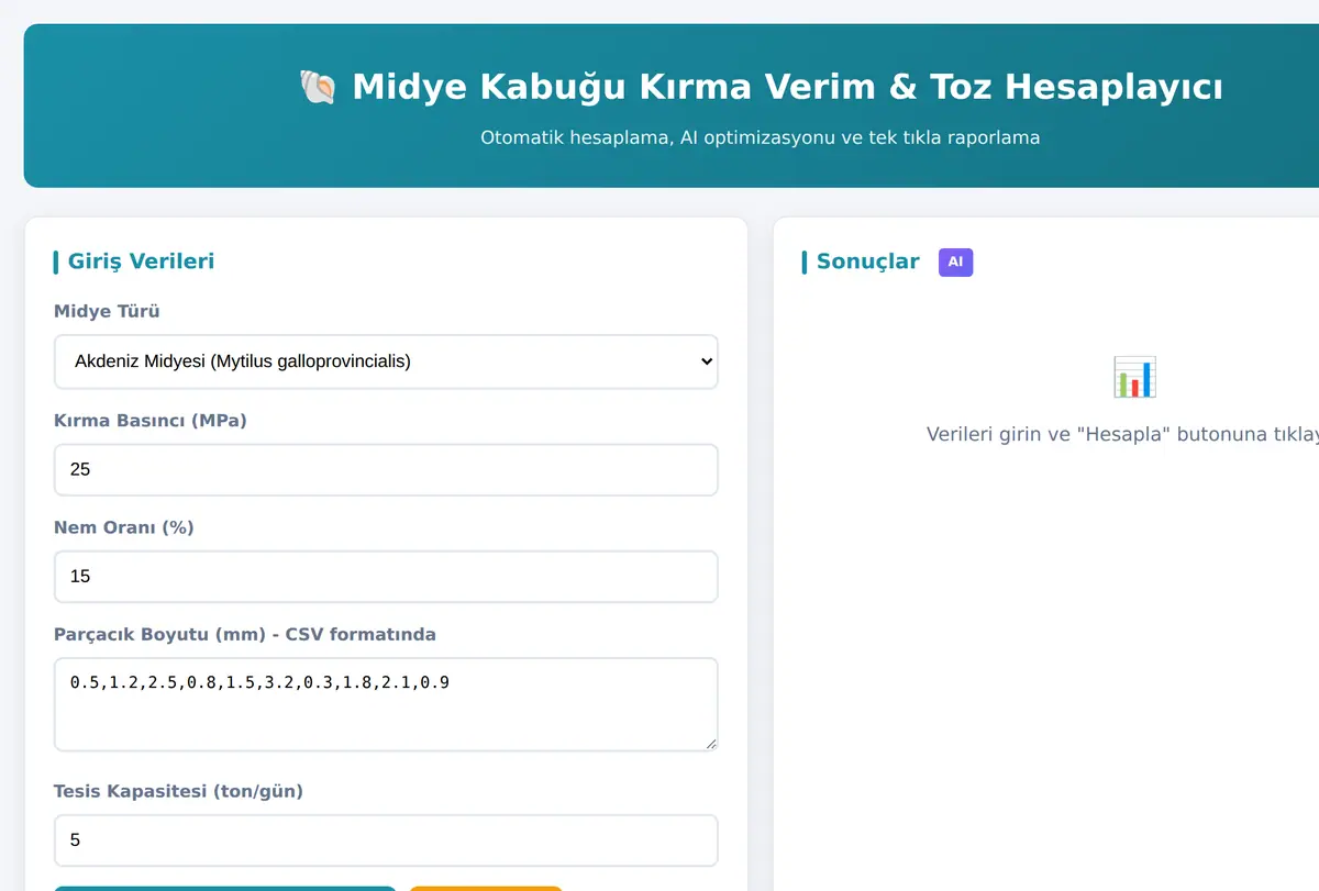 Midye Kabuğu Kırma Verim & Toz Hesaplayıcı ekran görüntüsü