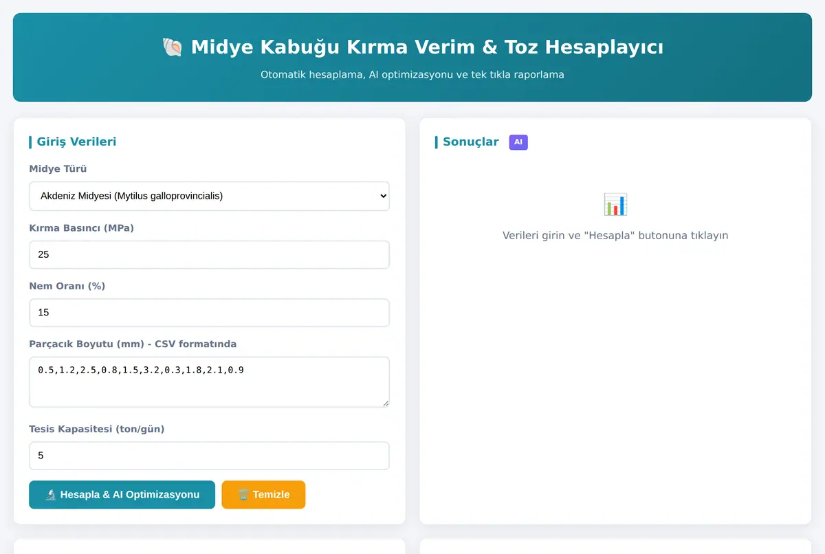 Midye Kabuğu Kırma Verim & Toz Hesaplayıcı ekran görüntüsü 2