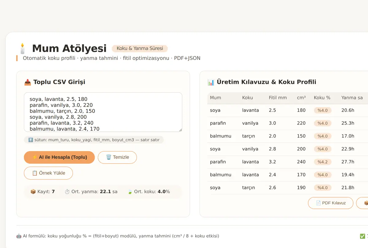 Mum Atölyesi Koku & Yanma Süresi Hesaplayıcı ekran görüntüsü