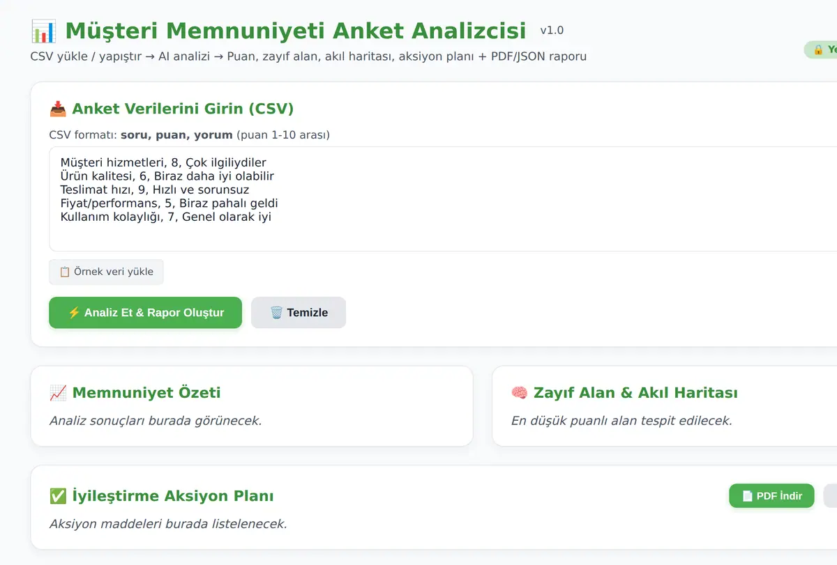 Müşteri Memnuniyeti Anket Analizcisi & İyileştirme ekran görüntüsü