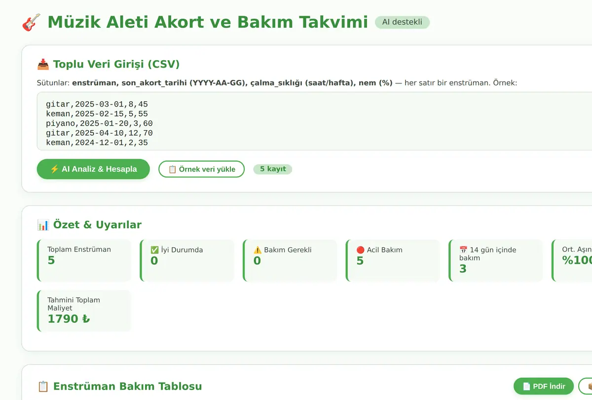 Müzik Aleti Akort ve Bakım Takvimi Aracı ekran görüntüsü
