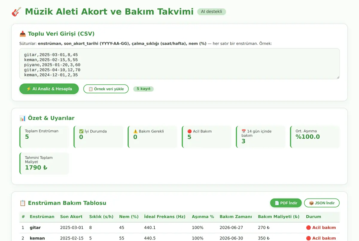 Müzik Aleti Akort ve Bakım Takvimi Aracı ekran görüntüsü 2