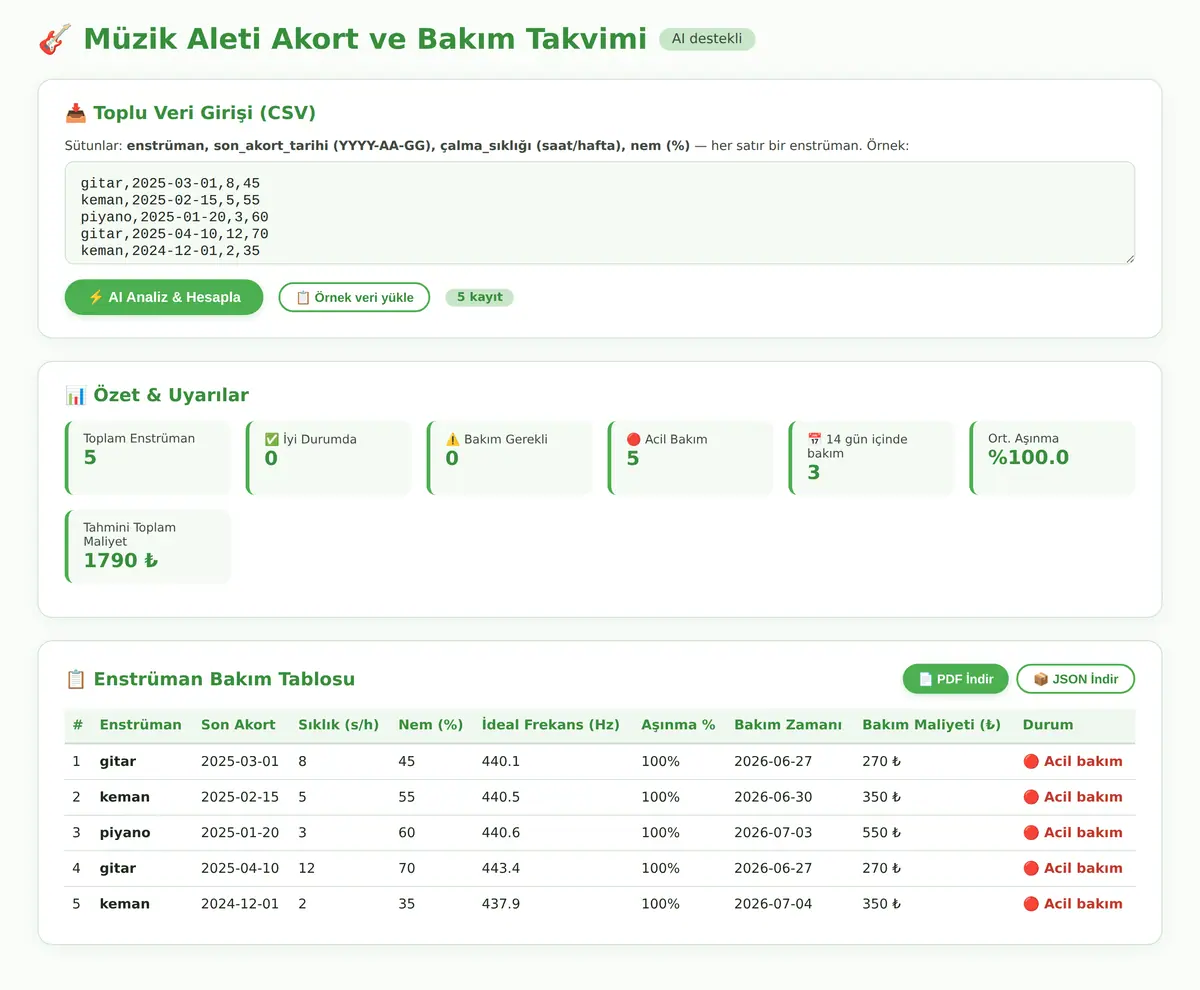 Müzik Aleti Akort ve Bakım Takvimi Aracı ekran görüntüsü 3