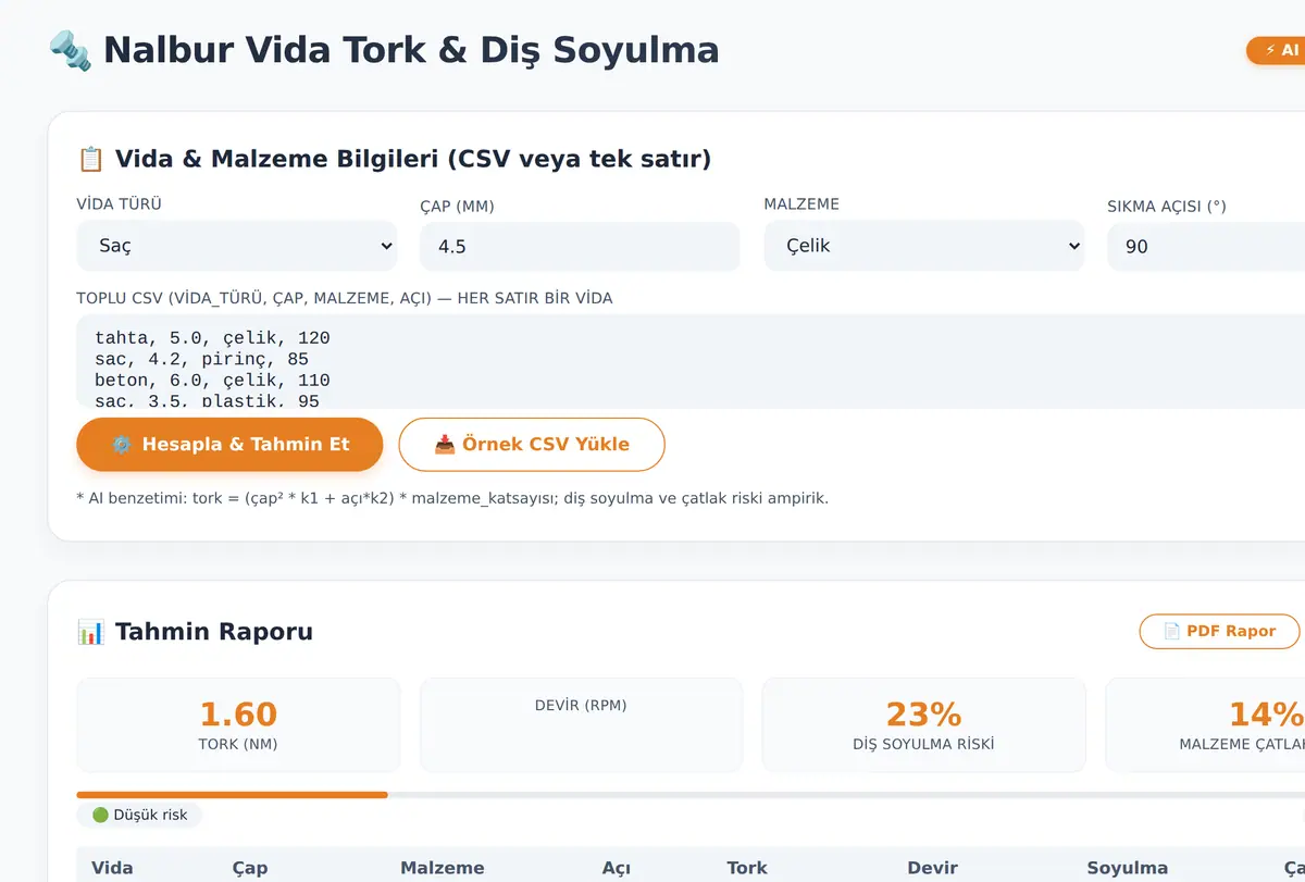 Nalbur Vida Tork & Diş Soyulma Hesaplayıcı ekran görüntüsü