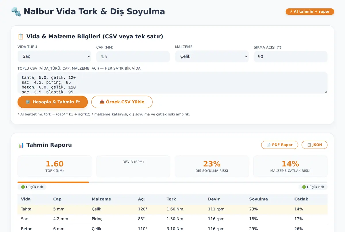 Nalbur Vida Tork & Diş Soyulma Hesaplayıcı ekran görüntüsü 2