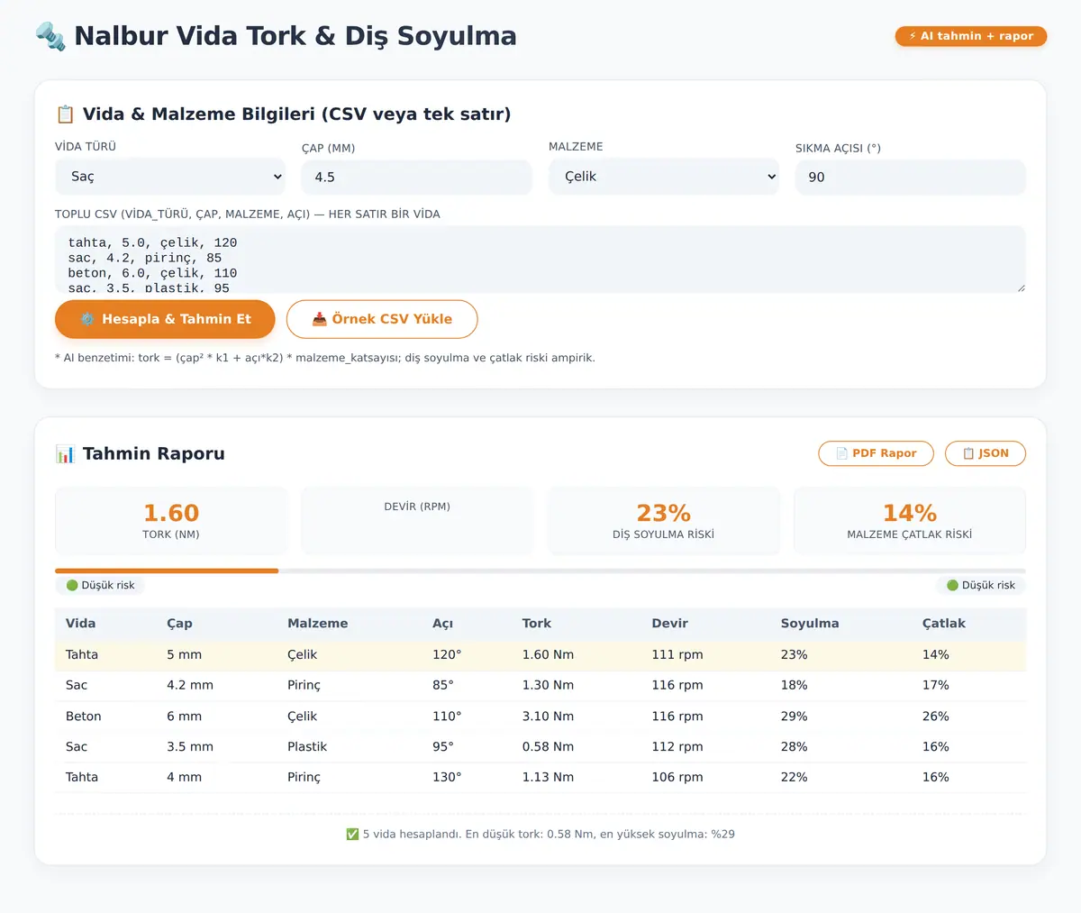 Nalbur Vida Tork & Diş Soyulma Hesaplayıcı ekran görüntüsü 3