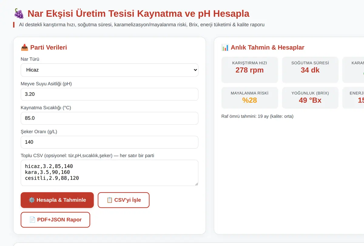 Nar Ekşisi Üretim Tesisi Kaynatma ve pH Hesapla ekran görüntüsü