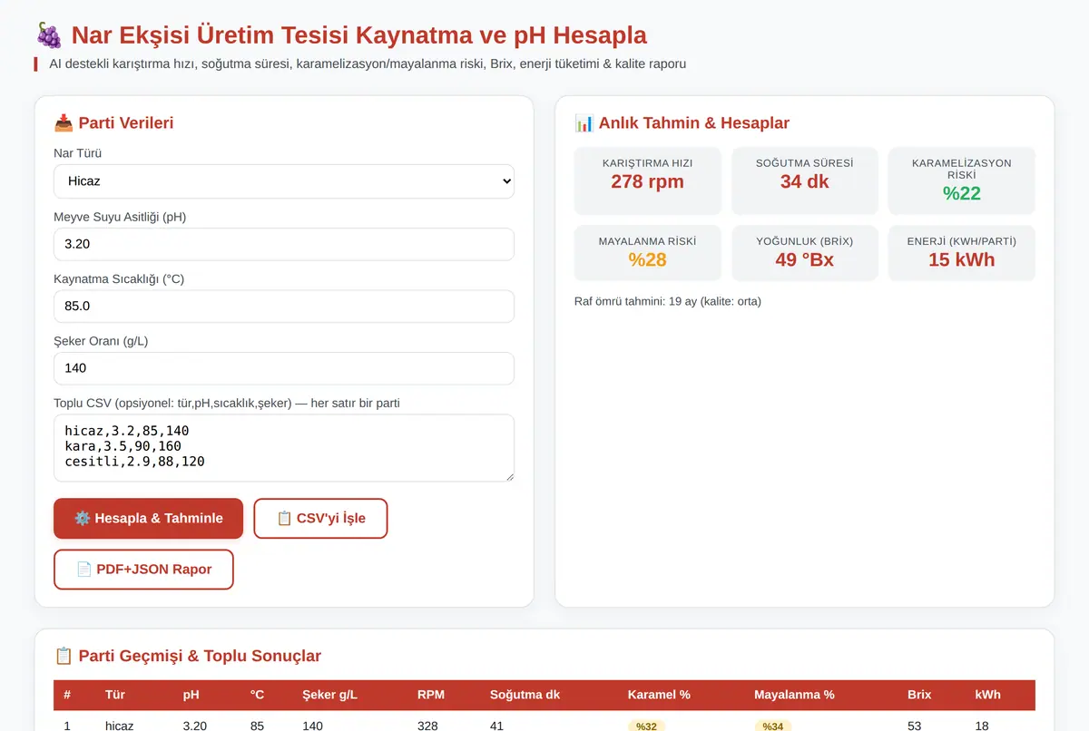 Nar Ekşisi Üretim Tesisi Kaynatma ve pH Hesapla ekran görüntüsü 2