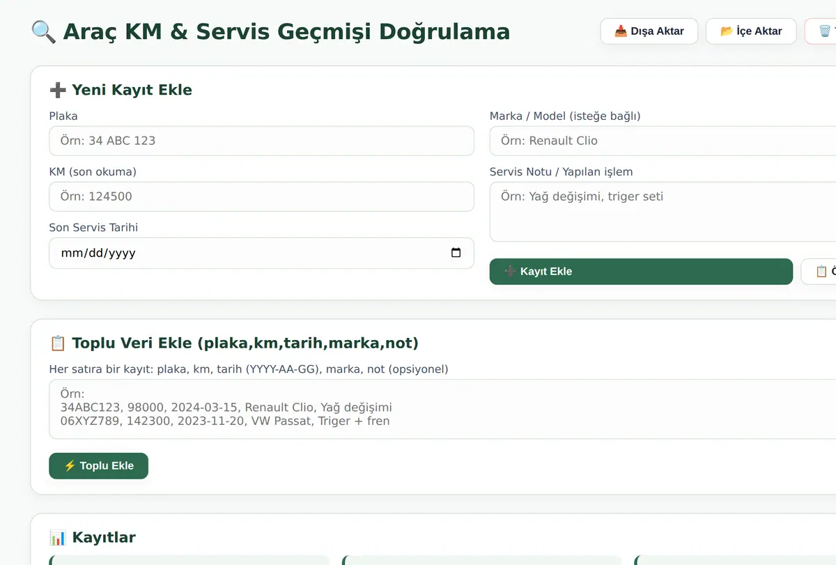 Araç KM & Servis Geçmişi Doğrulama Aracı ekran görüntüsü