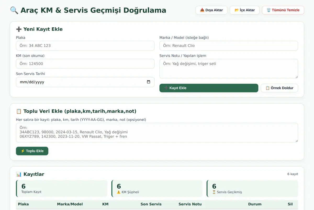 Araç KM & Servis Geçmişi Doğrulama Aracı ekran görüntüsü 2