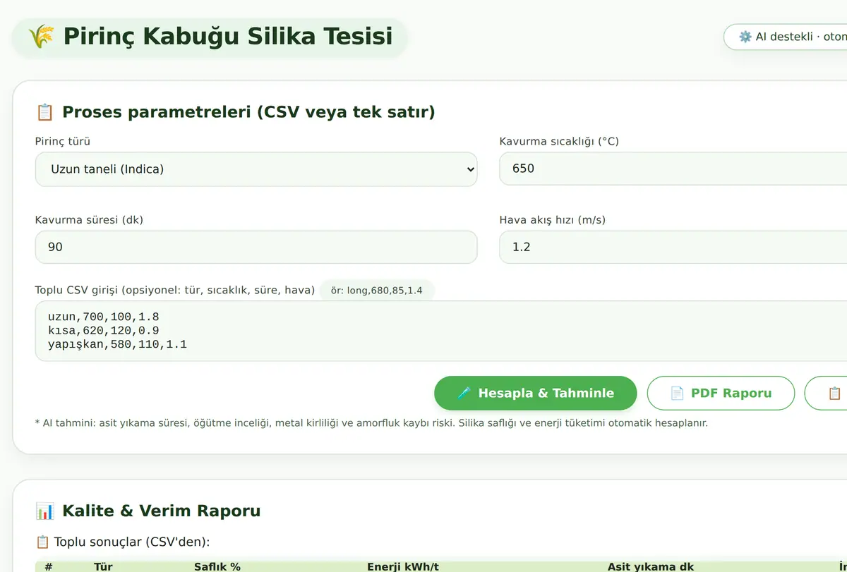 Pirinç Kabuğu Silika Üretim Tesisi Hesaplayıcı ekran görüntüsü