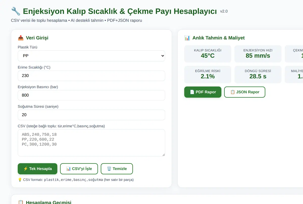 Enjeksiyon Kalıp Sıcaklık & Çekme Payı Hesaplayıcı ekran görüntüsü