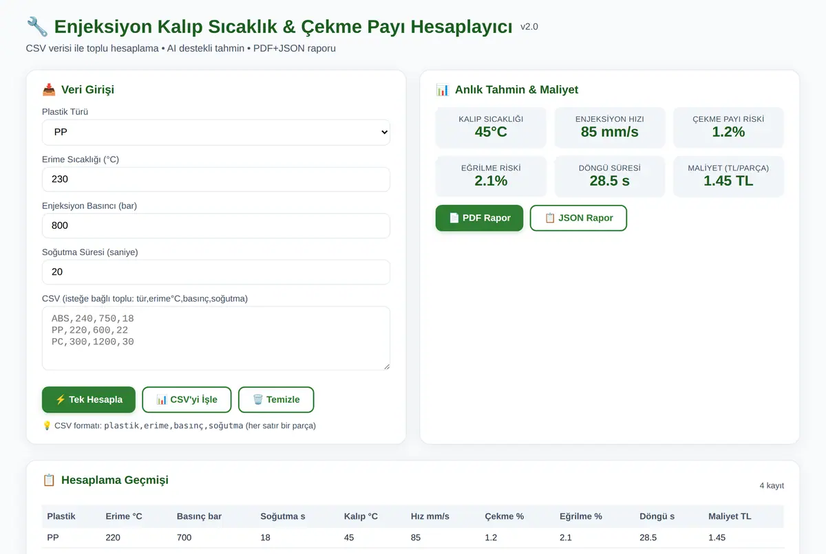 Enjeksiyon Kalıp Sıcaklık & Çekme Payı Hesaplayıcı ekran görüntüsü 2