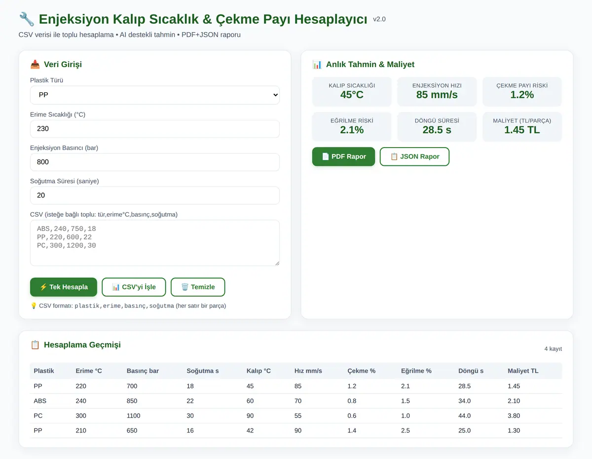 Enjeksiyon Kalıp Sıcaklık & Çekme Payı Hesaplayıcı ekran görüntüsü 3