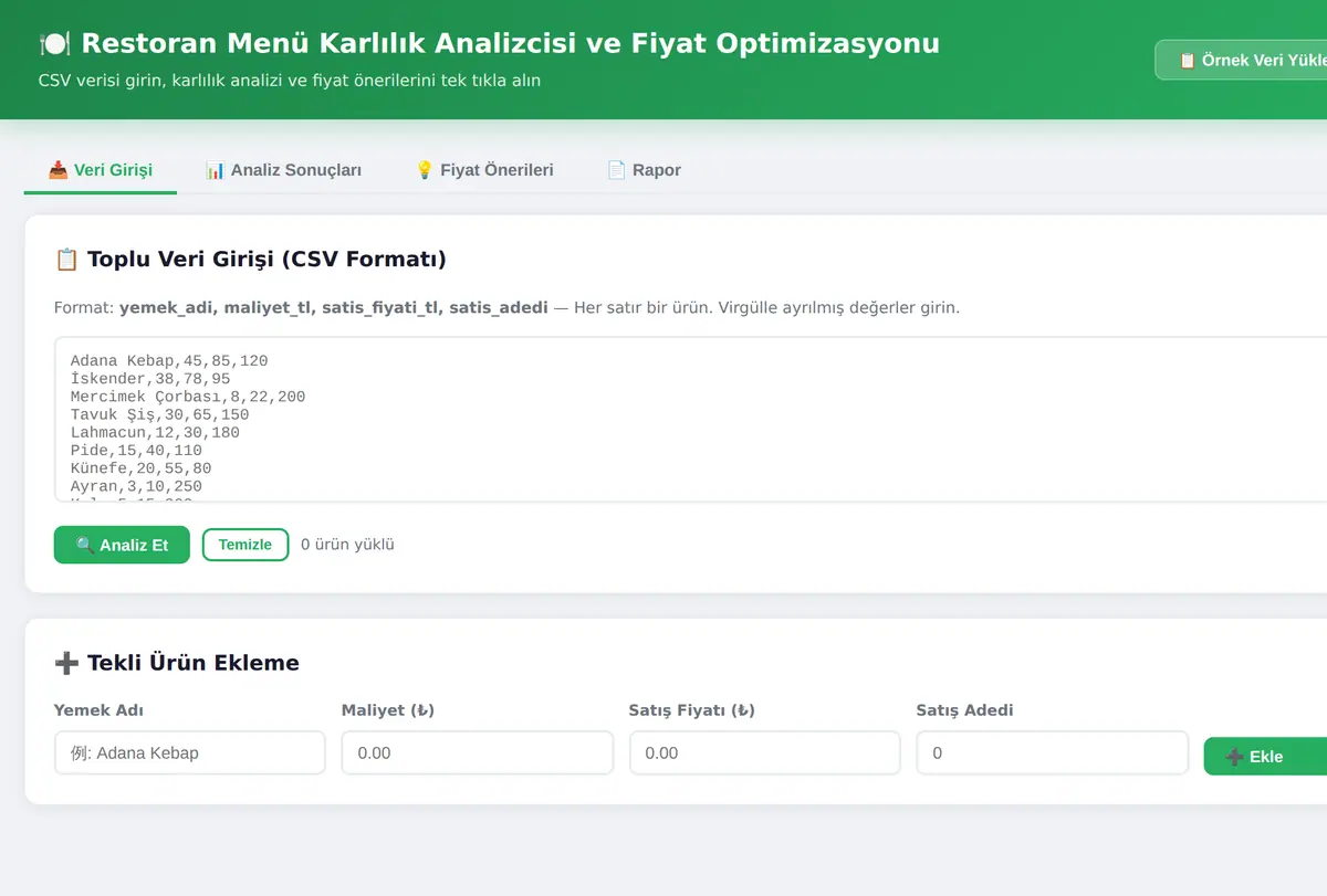 Restoran Menü Karlılık Analizcisi ve Fiyat Optimizasyonu ekran görüntüsü