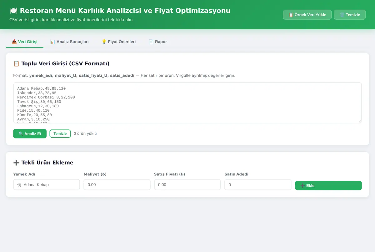 Restoran Menü Karlılık Analizcisi ve Fiyat Optimizasyonu ekran görüntüsü 3