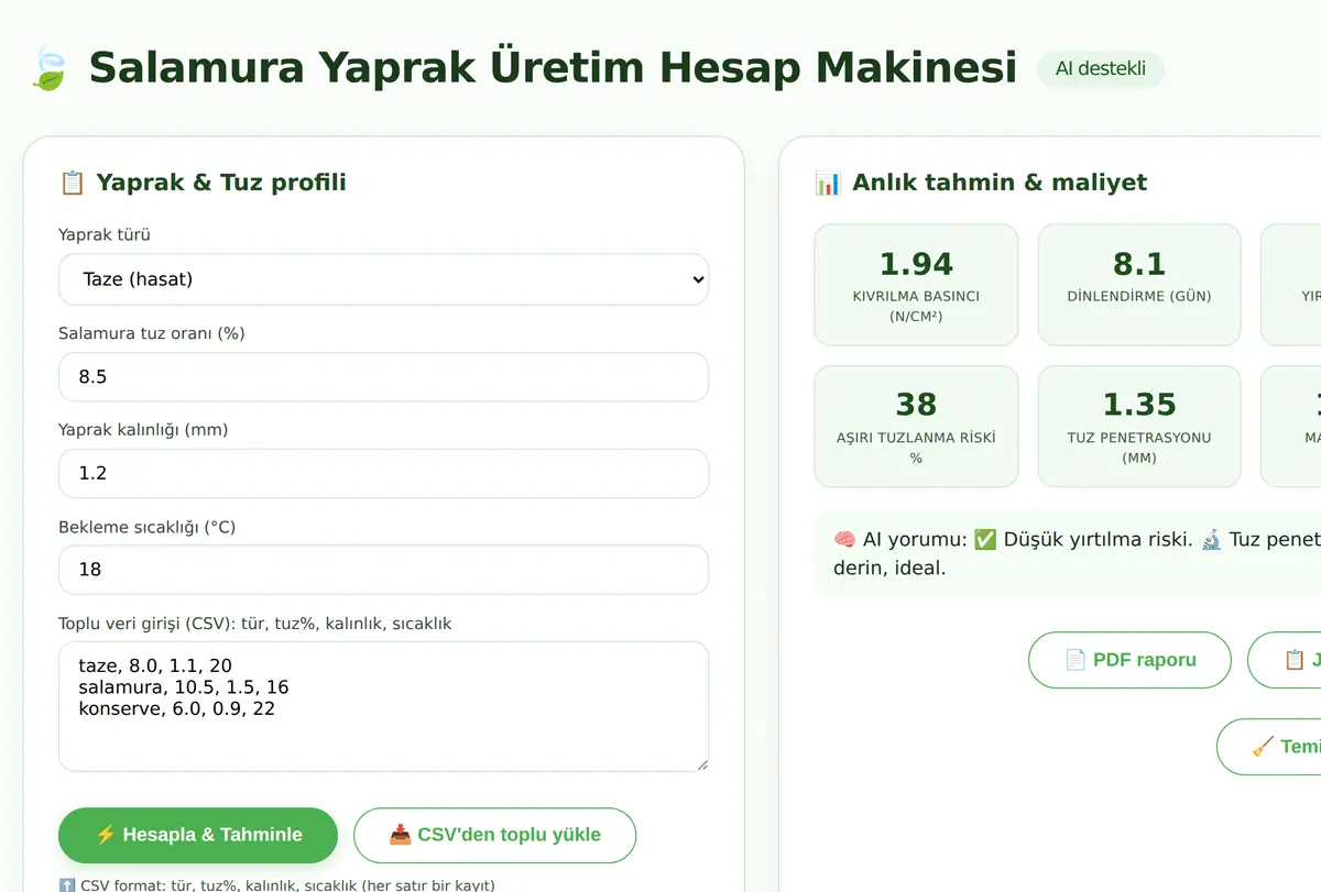 Salamura Yaprak Üretim Hesap Makinesi ekran görüntüsü