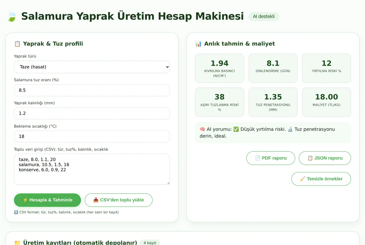 Salamura Yaprak Üretim Hesap Makinesi ekran görüntüsü 2