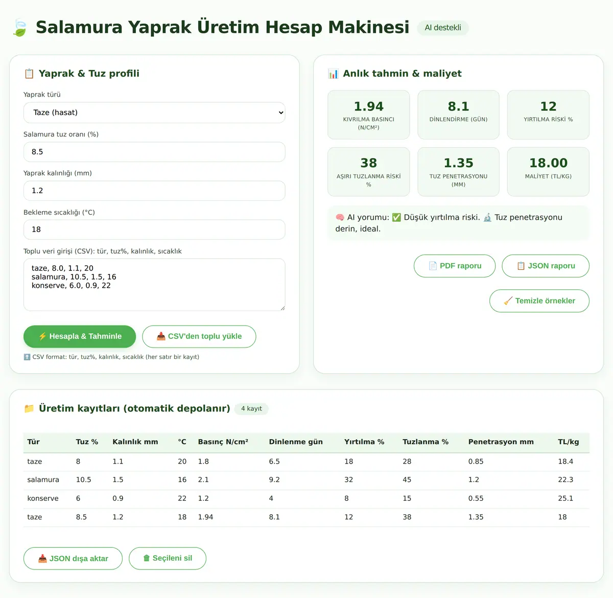 Salamura Yaprak Üretim Hesap Makinesi ekran görüntüsü 3