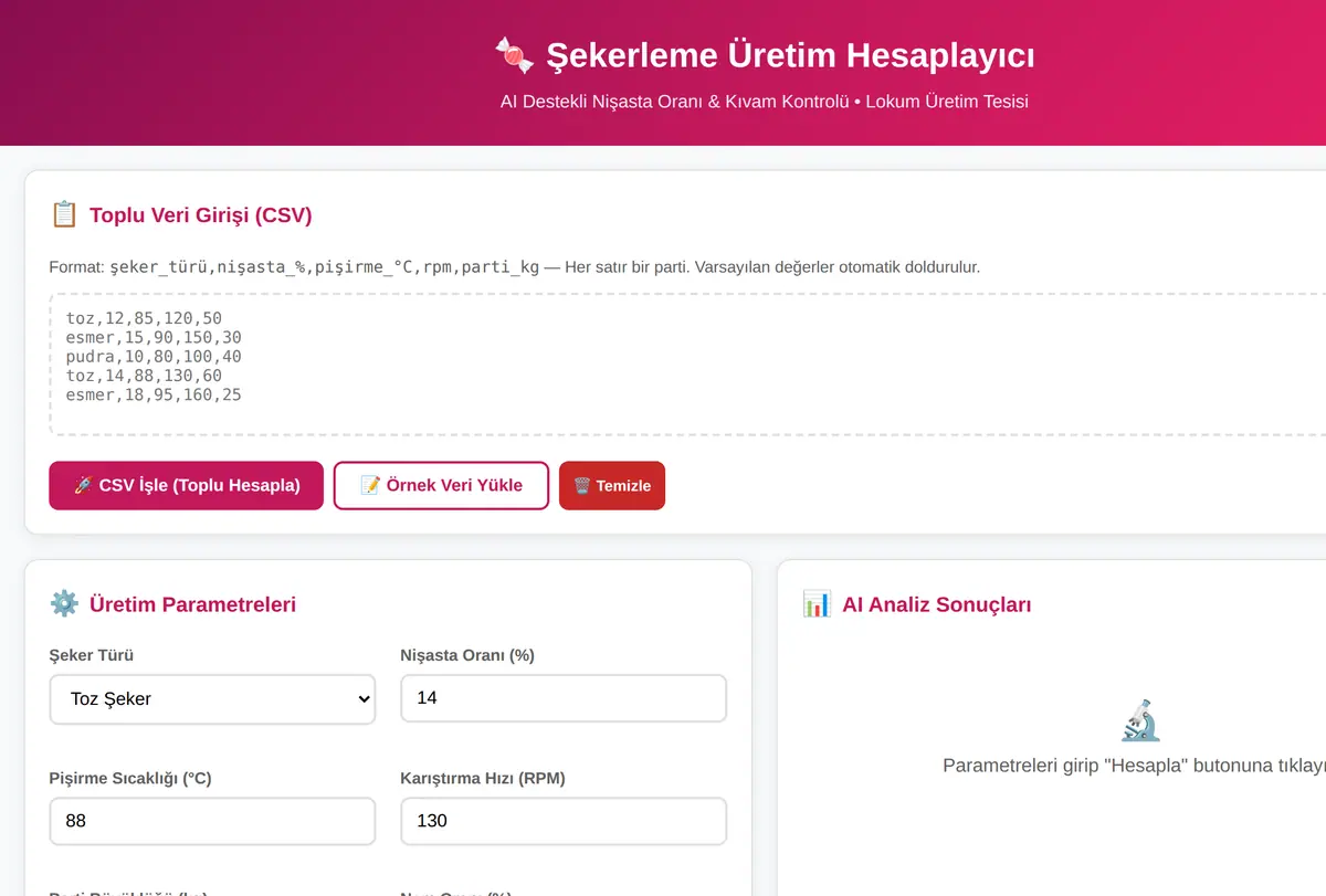 Şekerleme Üretim Hesaplayıcı - AI Destekli ekran görüntüsü