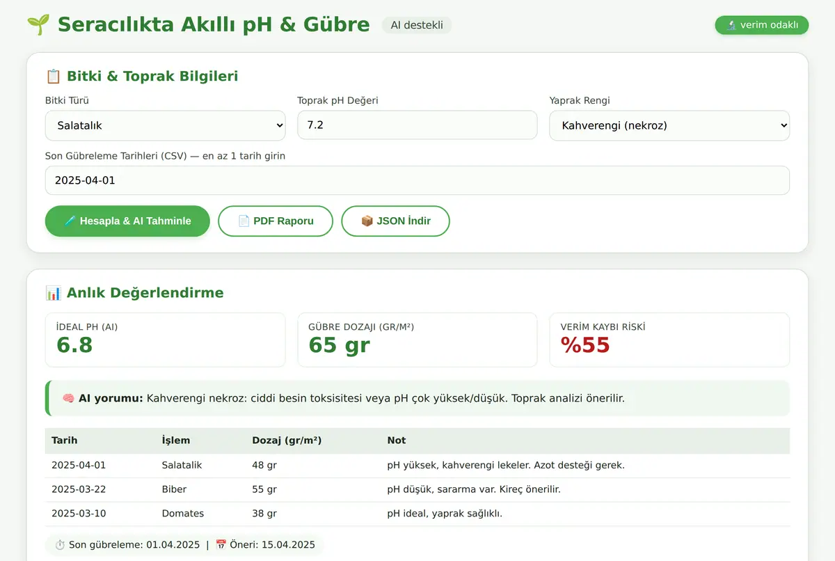 Seracılıkta Akıllı pH ve Gübre Dozaj Hesaplayıcı ekran görüntüsü 2