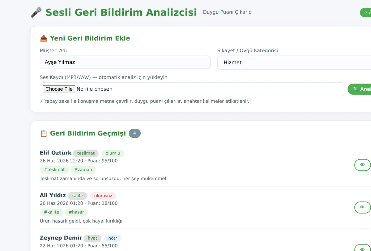 Sesli Geri Bildirim Analizcisi ve Duygu Puanı Çıkarıcı ekran görüntüsü