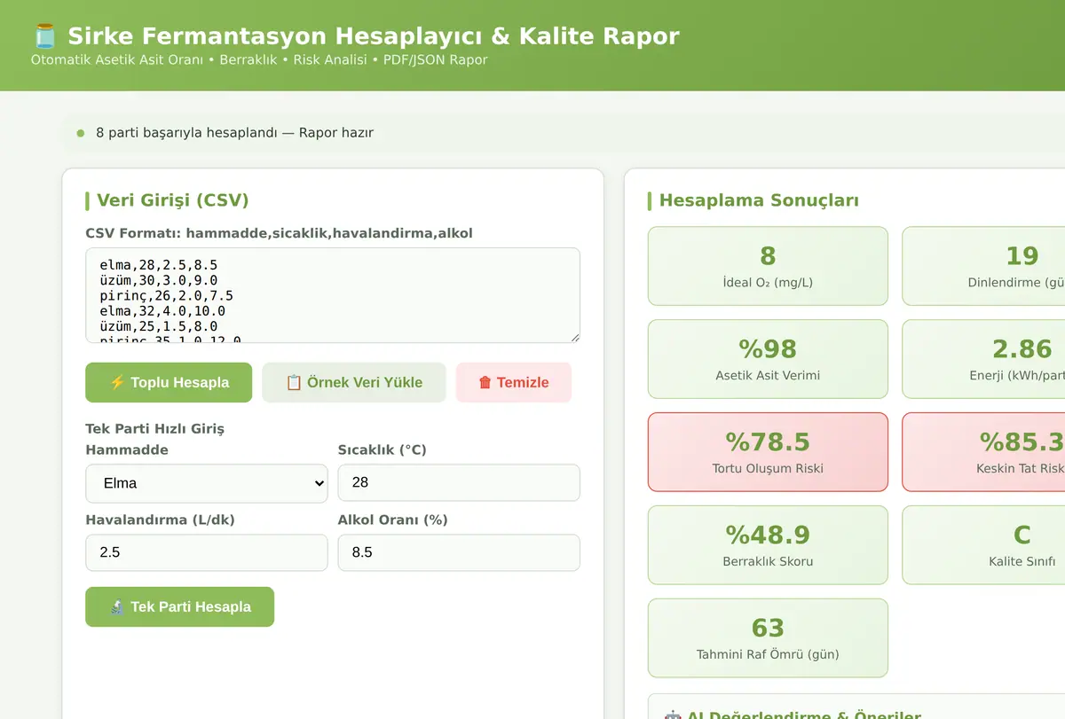 Sirke Fermantasyon Hesaplayıcı & Kalite Rapor ekran görüntüsü