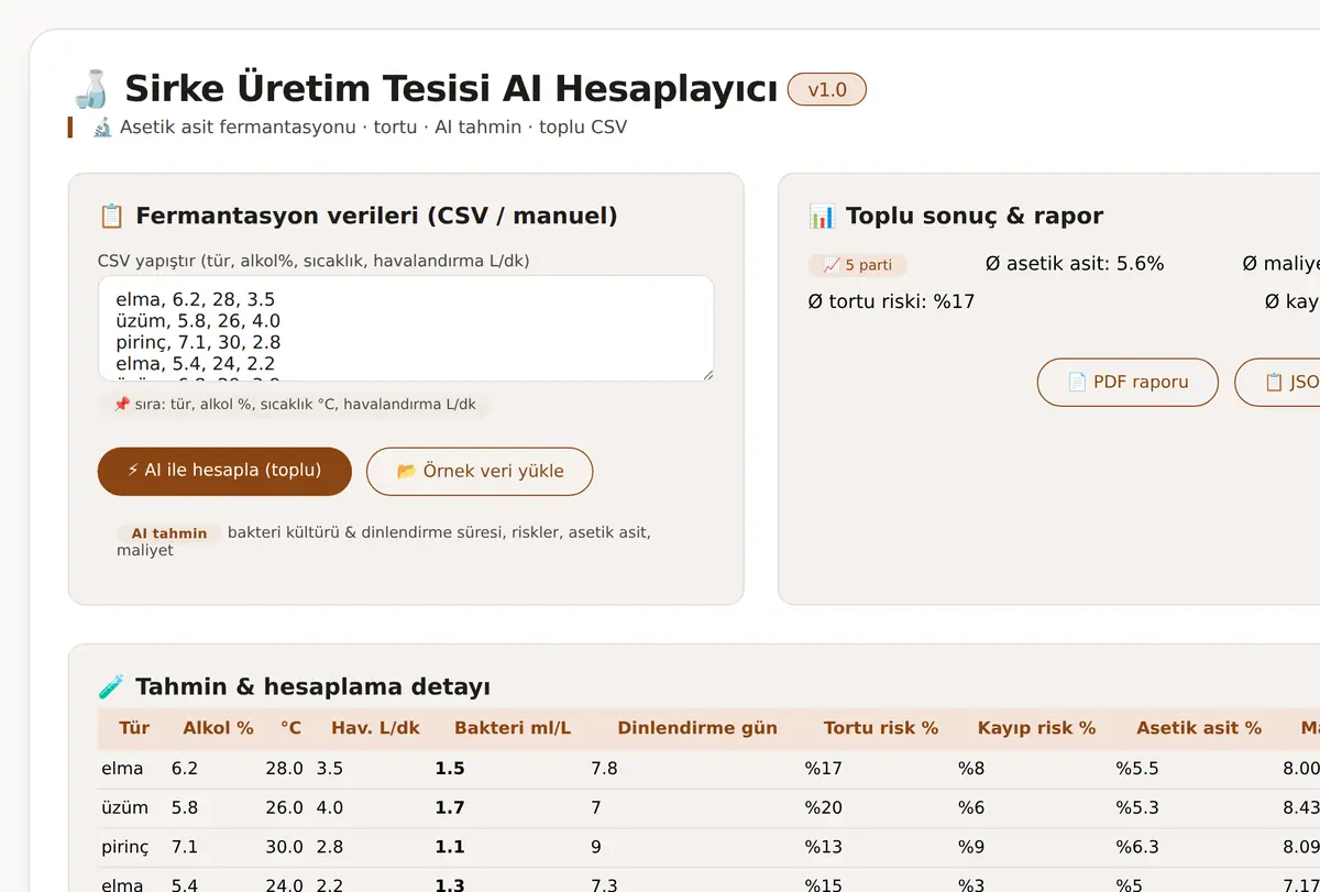 Sirke Üretim Tesisi AI Hesaplayıcı ekran görüntüsü