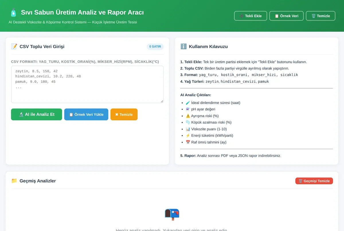 Sıvı Sabun Üretim Analiz ve Rapor Aracı ekran görüntüsü 2