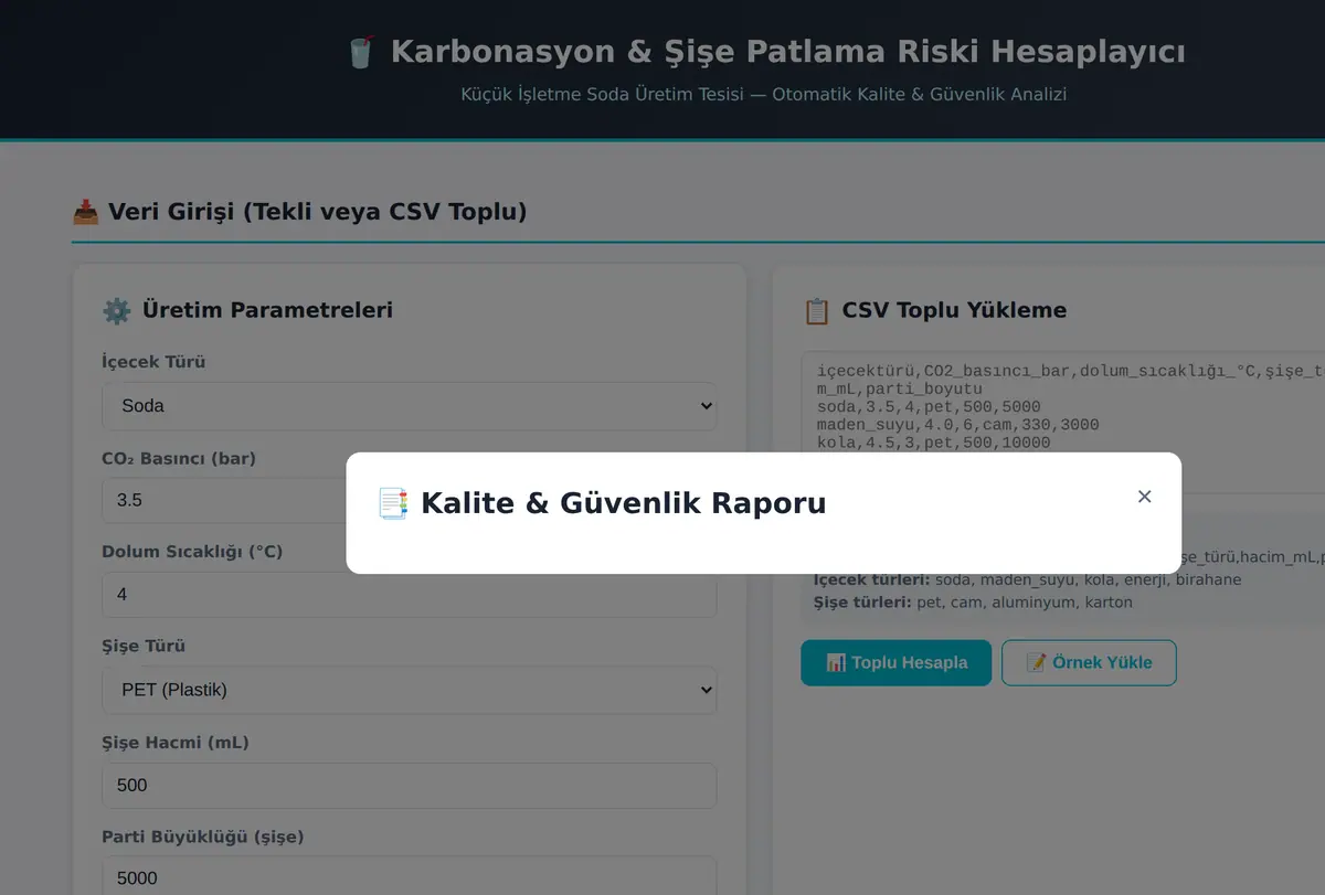Karbonasyon & Şişe Patlama Riski Hesaplayıcı ekran görüntüsü