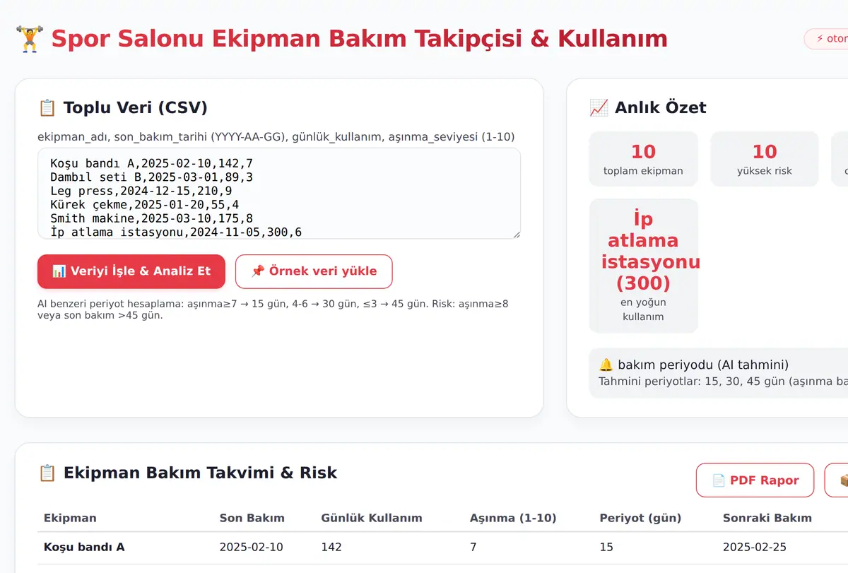 Spor Salonu Ekipman Bakım Takipçisi & Kullanım ekran görüntüsü