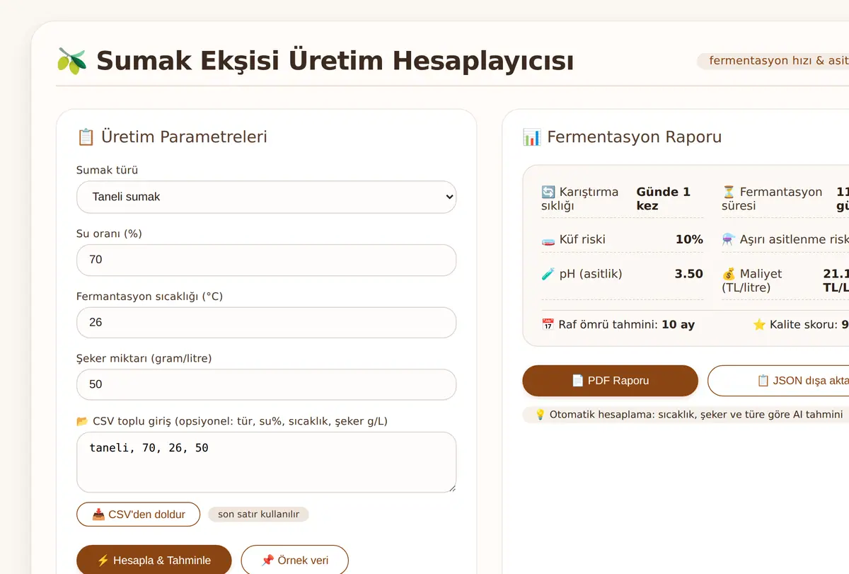 Sumak Ekşisi Üretim Hesaplayıcısı: Fermentasyon ekran görüntüsü