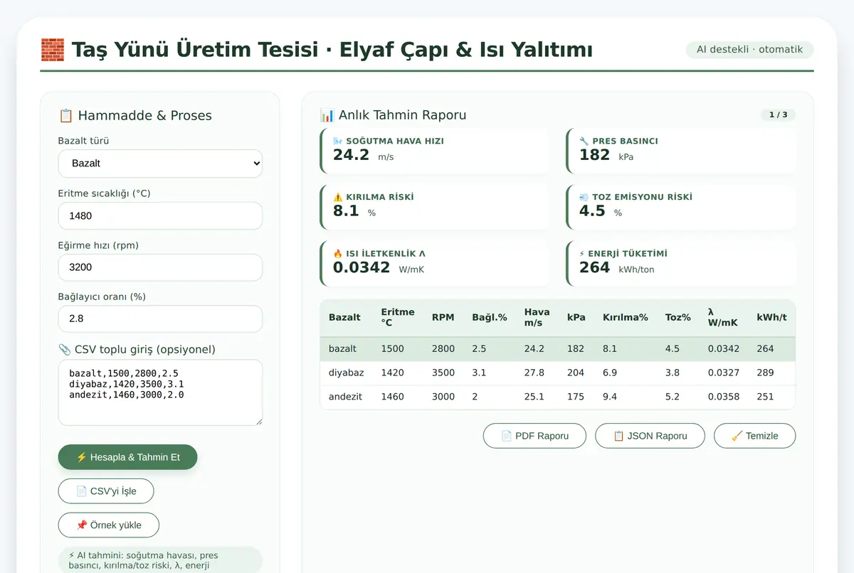 Taş Yünü Üretim Tesisi · Elyaf Çapı & Isı Yalıtımı ekran görüntüsü 2