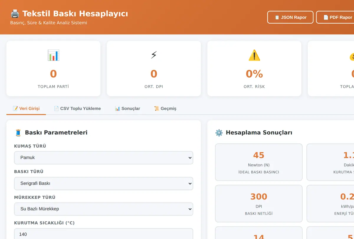 Tekstil Baskı Hesaplayıcı - Basınç, Süre & Kalite ekran görüntüsü