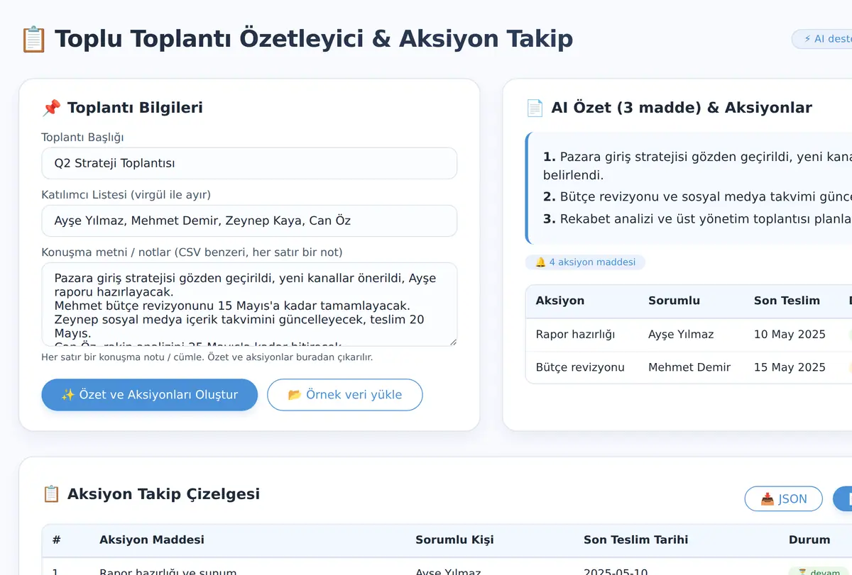 Toplu Toplantı Özetleyici & Aksiyon Takip Aracı ekran görüntüsü