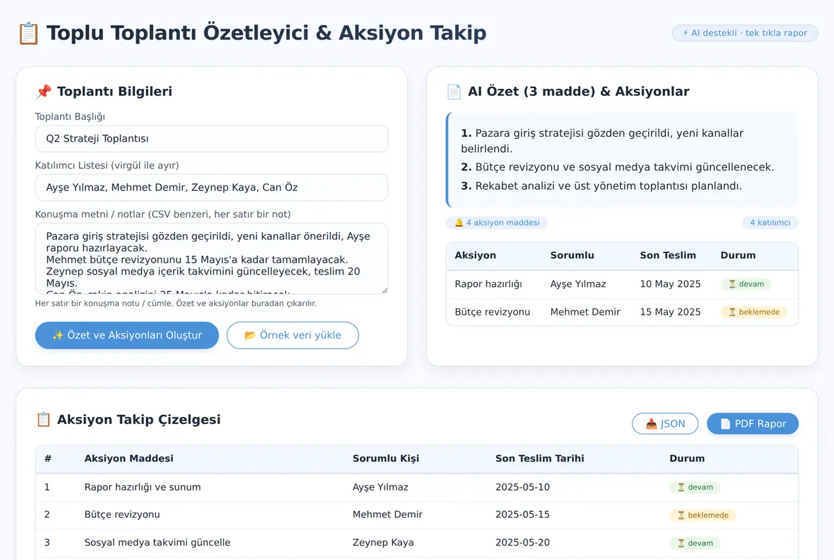 Toplu Toplantı Özetleyici & Aksiyon Takip Aracı ekran görüntüsü 2