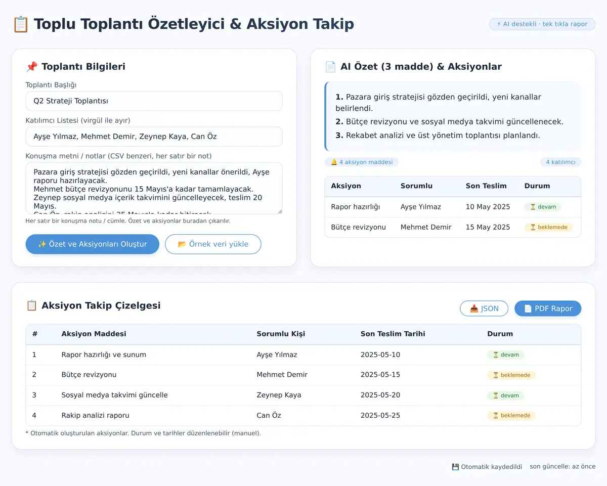 Toplu Toplantı Özetleyici & Aksiyon Takip Aracı ekran görüntüsü 3