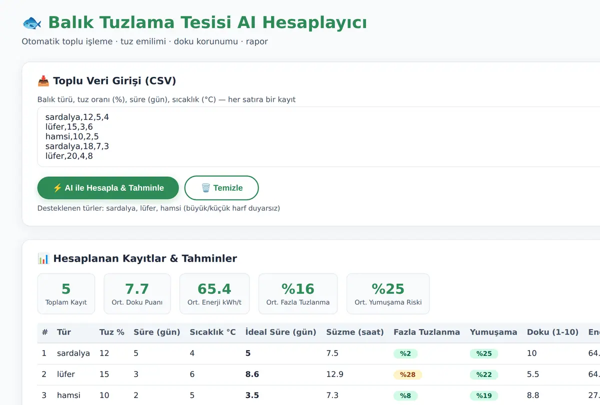 Balık Tuzlama Tesisi AI Hesaplayıcı ekran görüntüsü