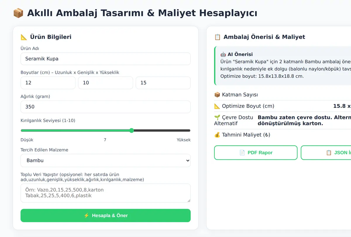Akıllı Ambalaj Tasarımı & Maliyet Hesaplayıcı ekran görüntüsü