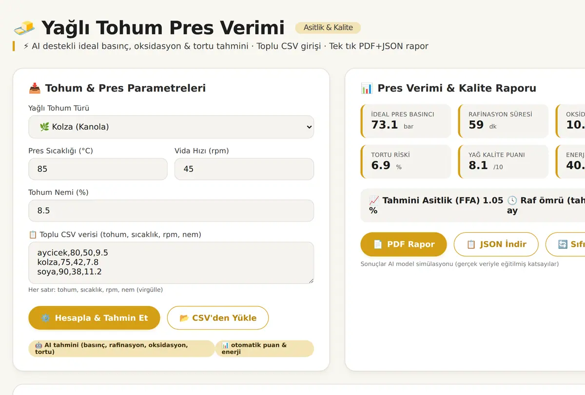 Yağlı Tohum Pres Verimi ve Asitlik Hesaplayıcı ekran görüntüsü
