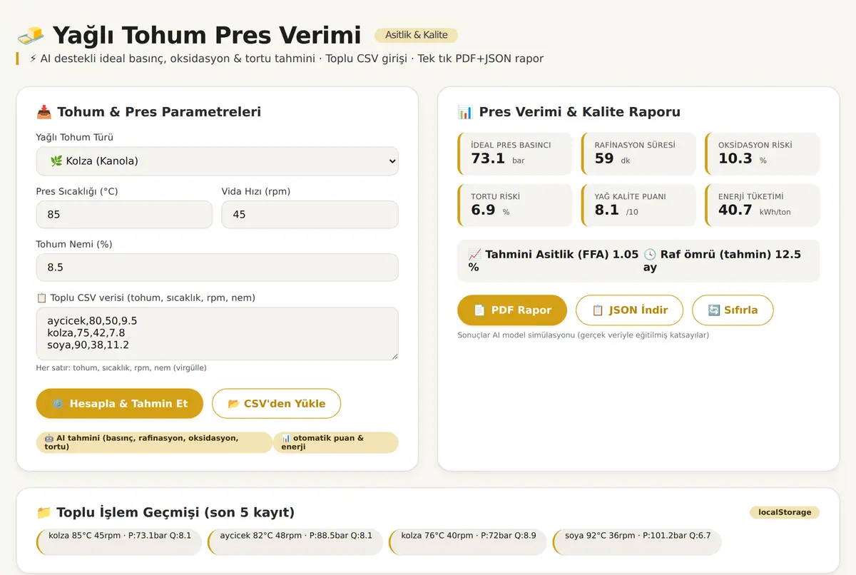 Yağlı Tohum Pres Verimi ve Asitlik Hesaplayıcı ekran görüntüsü 2