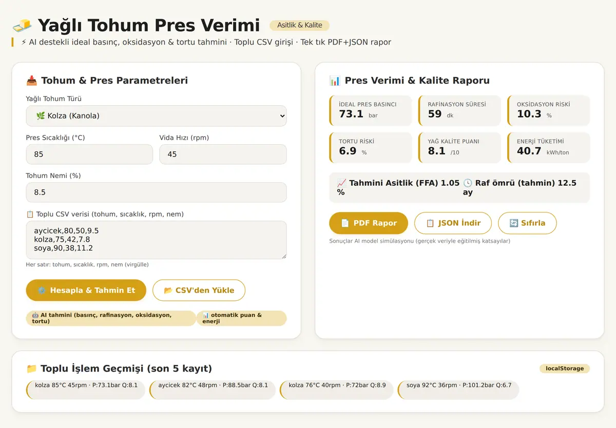 Yağlı Tohum Pres Verimi ve Asitlik Hesaplayıcı ekran görüntüsü 3