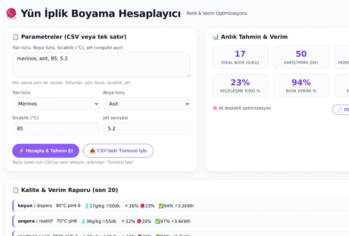 Yün İplik Boyama Hesaplayıcı: Renk ve Verim Opt ekran görüntüsü