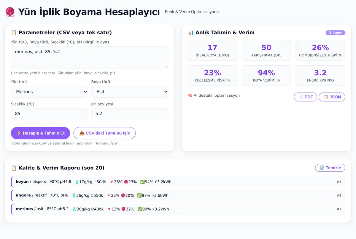 Yün İplik Boyama Hesaplayıcı: Renk ve Verim Opt ekran görüntüsü 2